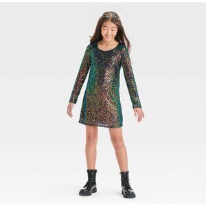 Girls' Long Sleeve Sequin A-Line Dress - art class Large